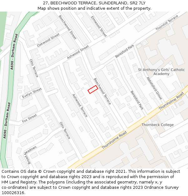 27, BEECHWOOD TERRACE, SUNDERLAND, SR2 7LY: Location map and indicative extent of plot