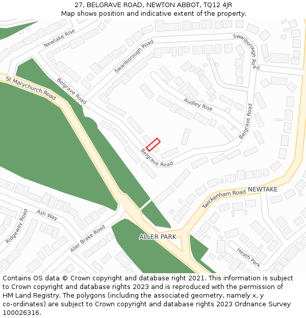 27, BELGRAVE ROAD, NEWTON ABBOT, TQ12 4JR: Location map and indicative extent of plot