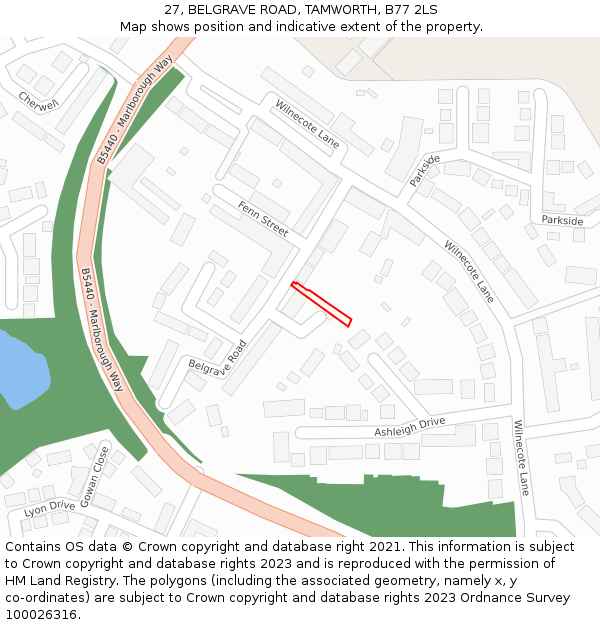 27, BELGRAVE ROAD, TAMWORTH, B77 2LS: Location map and indicative extent of plot