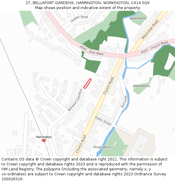 27, BELLAPORT GARDENS, HARRINGTON, WORKINGTON, CA14 5QX: Location map and indicative extent of plot