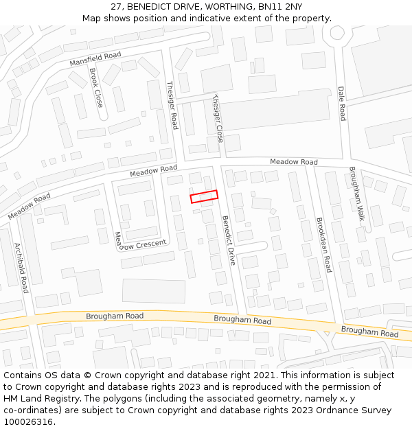 27, BENEDICT DRIVE, WORTHING, BN11 2NY: Location map and indicative extent of plot