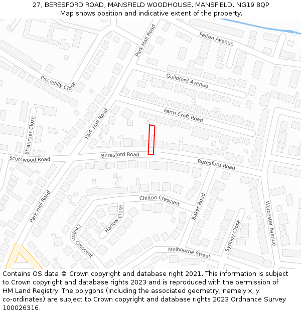 27, BERESFORD ROAD, MANSFIELD WOODHOUSE, MANSFIELD, NG19 8QP: Location map and indicative extent of plot