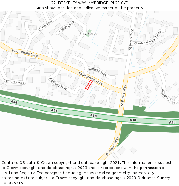 27, BERKELEY WAY, IVYBRIDGE, PL21 0YD: Location map and indicative extent of plot