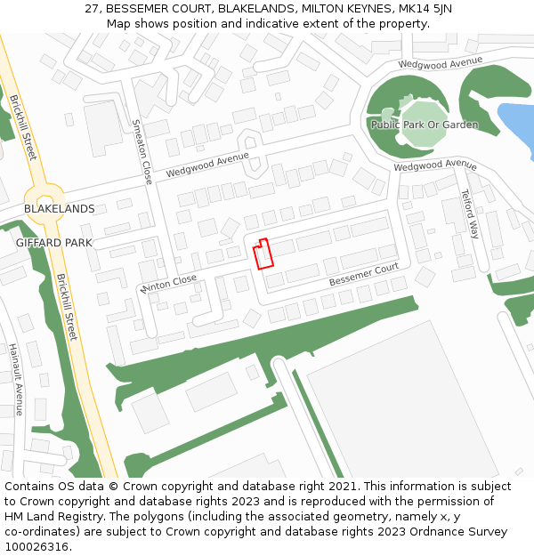 27, BESSEMER COURT, BLAKELANDS, MILTON KEYNES, MK14 5JN: Location map and indicative extent of plot