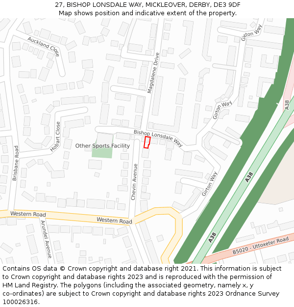 27, BISHOP LONSDALE WAY, MICKLEOVER, DERBY, DE3 9DF: Location map and indicative extent of plot