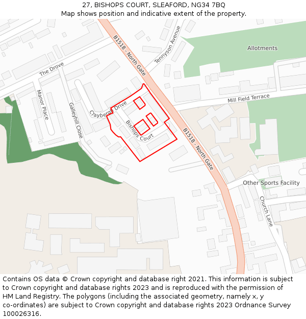 27, BISHOPS COURT, SLEAFORD, NG34 7BQ: Location map and indicative extent of plot