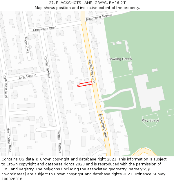 27, BLACKSHOTS LANE, GRAYS, RM16 2JT: Location map and indicative extent of plot