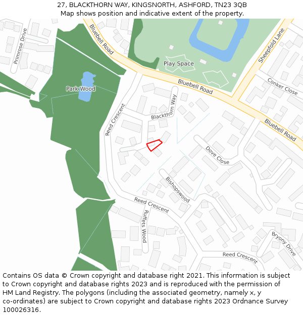 27, BLACKTHORN WAY, KINGSNORTH, ASHFORD, TN23 3QB: Location map and indicative extent of plot