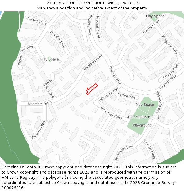 27, BLANDFORD DRIVE, NORTHWICH, CW9 8UB: Location map and indicative extent of plot