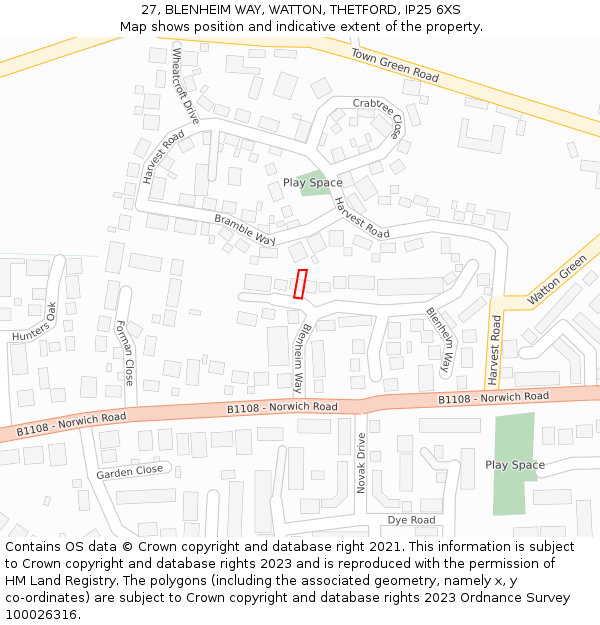 27, BLENHEIM WAY, WATTON, THETFORD, IP25 6XS: Location map and indicative extent of plot