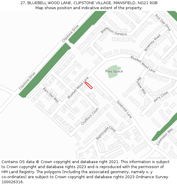 27, BLUEBELL WOOD LANE, CLIPSTONE VILLAGE, MANSFIELD, NG21 9GB: Location map and indicative extent of plot