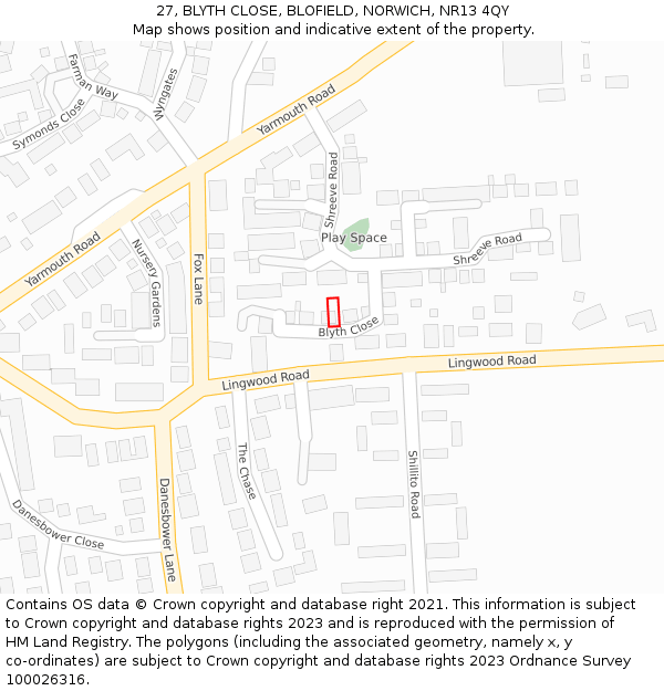 27, BLYTH CLOSE, BLOFIELD, NORWICH, NR13 4QY: Location map and indicative extent of plot