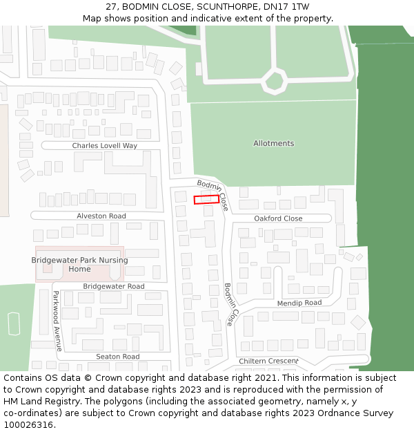27, BODMIN CLOSE, SCUNTHORPE, DN17 1TW: Location map and indicative extent of plot