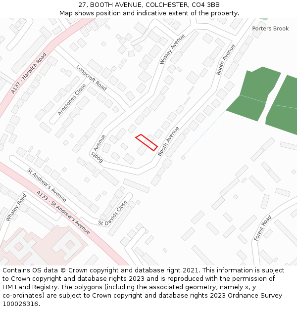 27, BOOTH AVENUE, COLCHESTER, CO4 3BB: Location map and indicative extent of plot