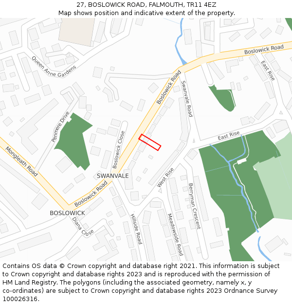 27, BOSLOWICK ROAD, FALMOUTH, TR11 4EZ: Location map and indicative extent of plot