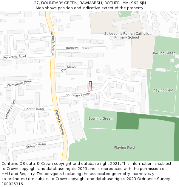 27, BOUNDARY GREEN, RAWMARSH, ROTHERHAM, S62 6JN: Location map and indicative extent of plot