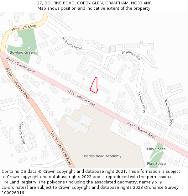 27, BOURNE ROAD, CORBY GLEN, GRANTHAM, NG33 4NR: Location map and indicative extent of plot