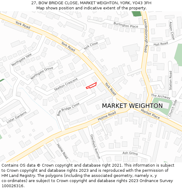 27, BOW BRIDGE CLOSE, MARKET WEIGHTON, YORK, YO43 3FH: Location map and indicative extent of plot