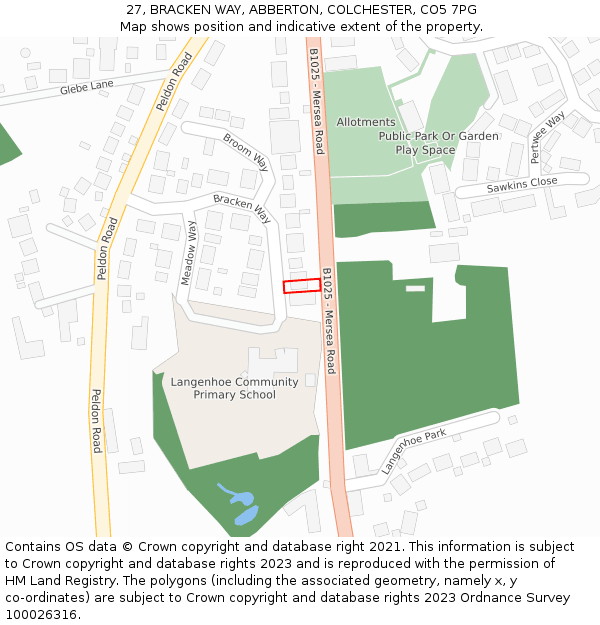 27, BRACKEN WAY, ABBERTON, COLCHESTER, CO5 7PG: Location map and indicative extent of plot