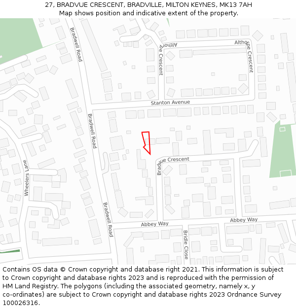 27, BRADVUE CRESCENT, BRADVILLE, MILTON KEYNES, MK13 7AH: Location map and indicative extent of plot