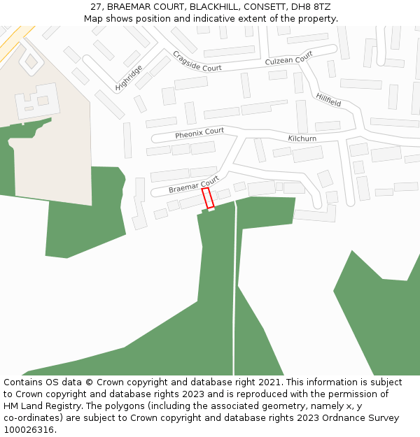 27, BRAEMAR COURT, BLACKHILL, CONSETT, DH8 8TZ: Location map and indicative extent of plot