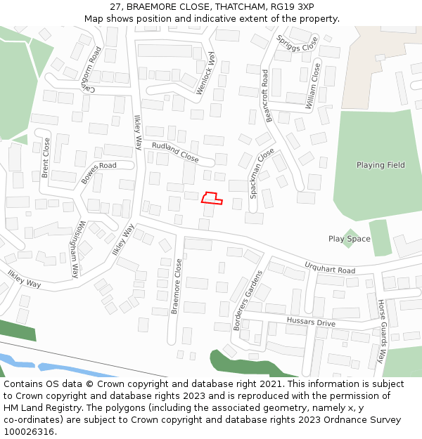 27, BRAEMORE CLOSE, THATCHAM, RG19 3XP: Location map and indicative extent of plot