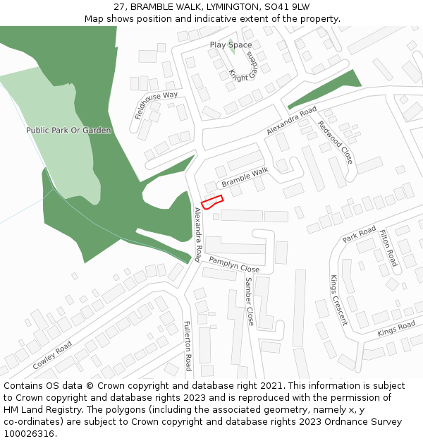 27, BRAMBLE WALK, LYMINGTON, SO41 9LW: Location map and indicative extent of plot