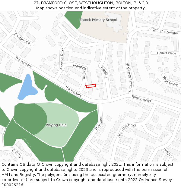 27, BRAMFORD CLOSE, WESTHOUGHTON, BOLTON, BL5 2JR: Location map and indicative extent of plot