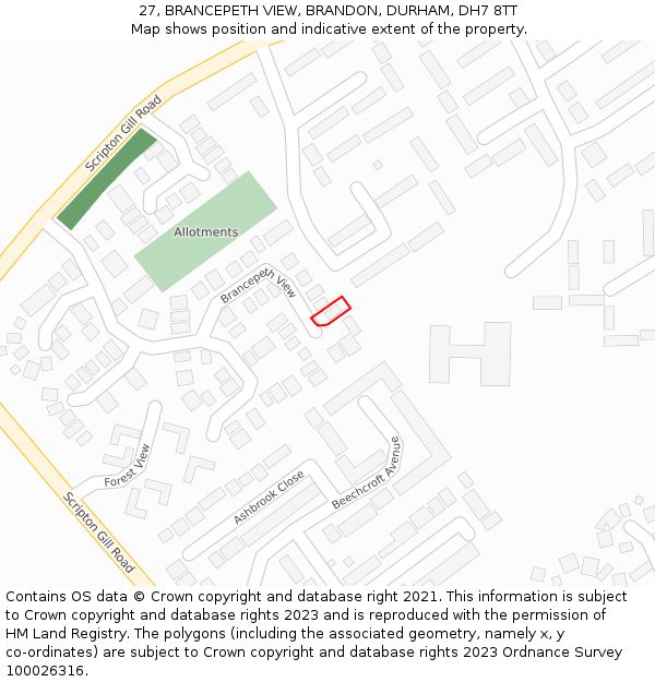 27, BRANCEPETH VIEW, BRANDON, DURHAM, DH7 8TT: Location map and indicative extent of plot