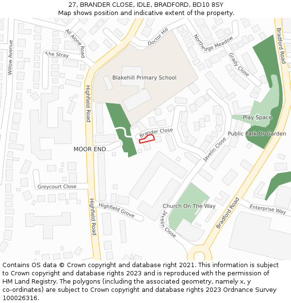 27, BRANDER CLOSE, IDLE, BRADFORD, BD10 8SY: Location map and indicative extent of plot