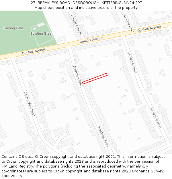 27, BREAKLEYS ROAD, DESBOROUGH, KETTERING, NN14 2PT: Location map and indicative extent of plot