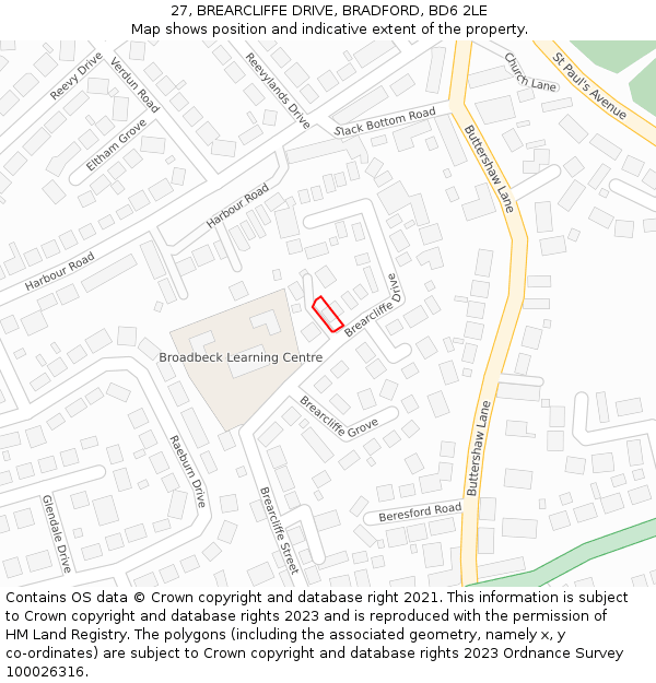 27, BREARCLIFFE DRIVE, BRADFORD, BD6 2LE: Location map and indicative extent of plot