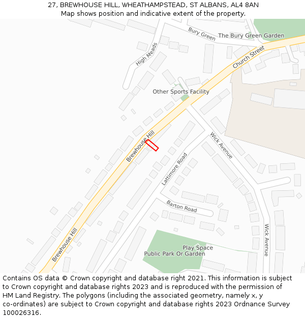 27, BREWHOUSE HILL, WHEATHAMPSTEAD, ST ALBANS, AL4 8AN: Location map and indicative extent of plot