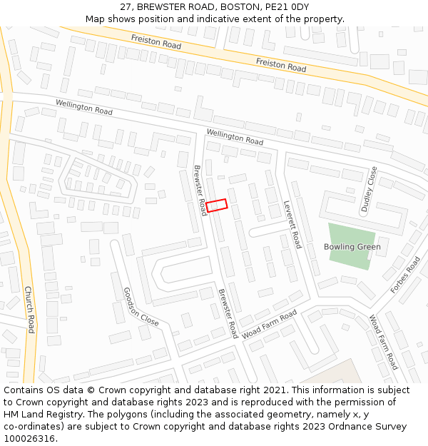 27, BREWSTER ROAD, BOSTON, PE21 0DY: Location map and indicative extent of plot