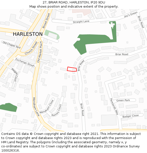 27, BRIAR ROAD, HARLESTON, IP20 9DU: Location map and indicative extent of plot