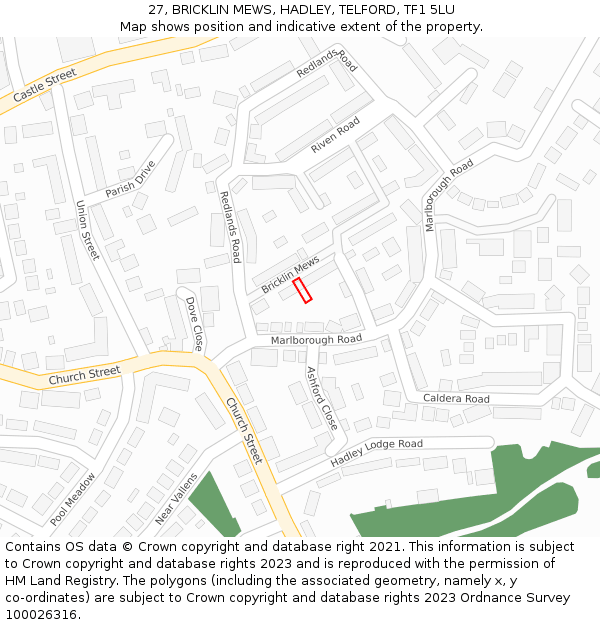 27, BRICKLIN MEWS, HADLEY, TELFORD, TF1 5LU: Location map and indicative extent of plot