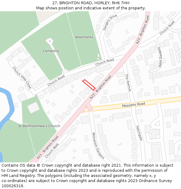 27, BRIGHTON ROAD, HORLEY, RH6 7HH: Location map and indicative extent of plot