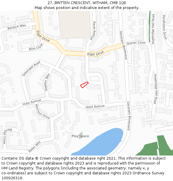 27, BRITTEN CRESCENT, WITHAM, CM8 1QE: Location map and indicative extent of plot