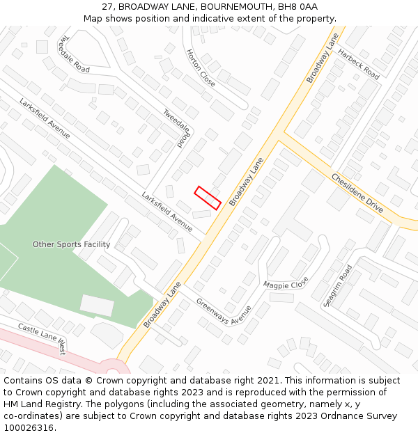 27, BROADWAY LANE, BOURNEMOUTH, BH8 0AA: Location map and indicative extent of plot