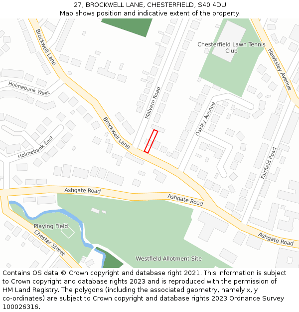 27, BROCKWELL LANE, CHESTERFIELD, S40 4DU: Location map and indicative extent of plot