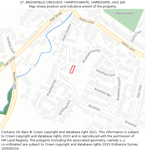 27, BROOKFIELD CRESCENT, HAMPSTHWAITE, HARROGATE, HG3 2EE: Location map and indicative extent of plot