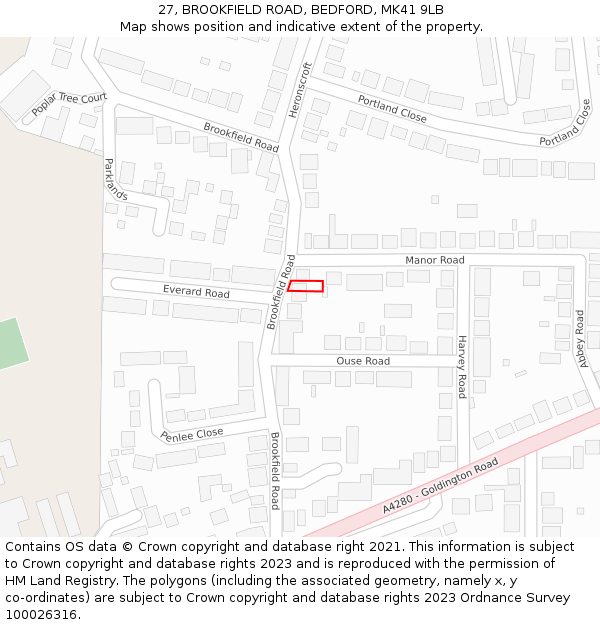 27, BROOKFIELD ROAD, BEDFORD, MK41 9LB: Location map and indicative extent of plot