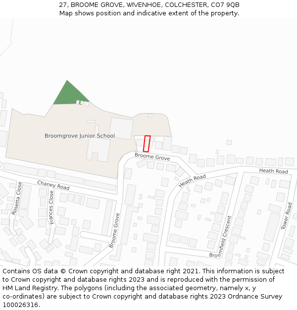 27, BROOME GROVE, WIVENHOE, COLCHESTER, CO7 9QB: Location map and indicative extent of plot