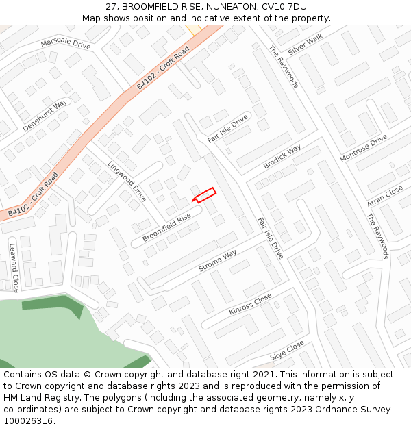 27, BROOMFIELD RISE, NUNEATON, CV10 7DU: Location map and indicative extent of plot