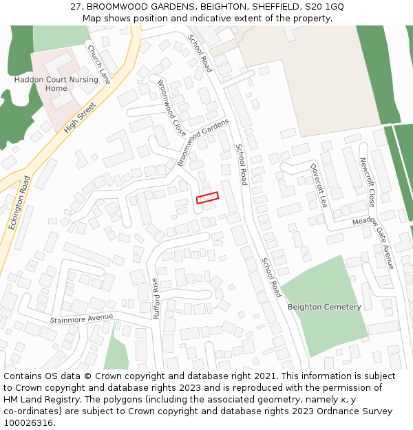 27, BROOMWOOD GARDENS, BEIGHTON, SHEFFIELD, S20 1GQ: Location map and indicative extent of plot