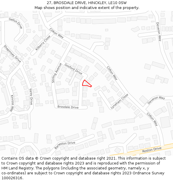 27, BROSDALE DRIVE, HINCKLEY, LE10 0SW: Location map and indicative extent of plot