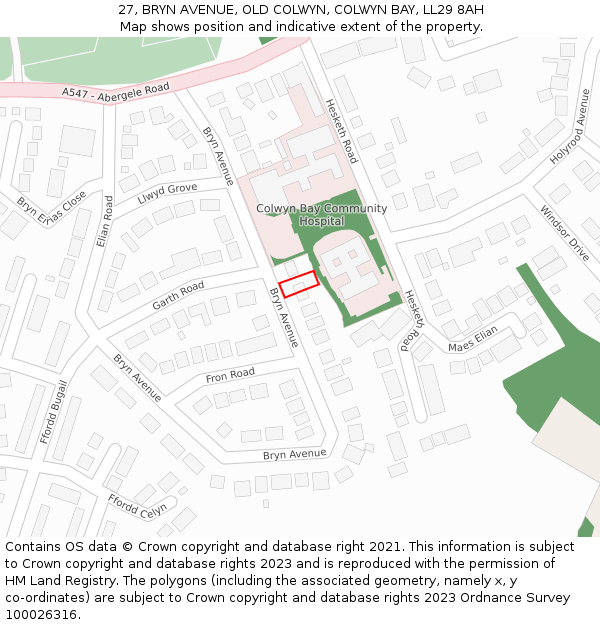 27, BRYN AVENUE, OLD COLWYN, COLWYN BAY, LL29 8AH: Location map and indicative extent of plot