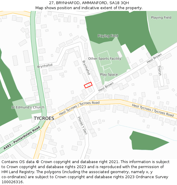 27, BRYNHAFOD, AMMANFORD, SA18 3QH: Location map and indicative extent of plot