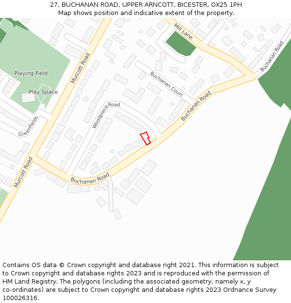 27, BUCHANAN ROAD, UPPER ARNCOTT, BICESTER, OX25 1PH: Location map and indicative extent of plot