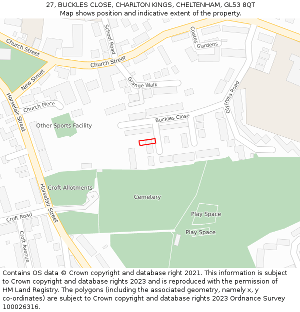 27, BUCKLES CLOSE, CHARLTON KINGS, CHELTENHAM, GL53 8QT: Location map and indicative extent of plot